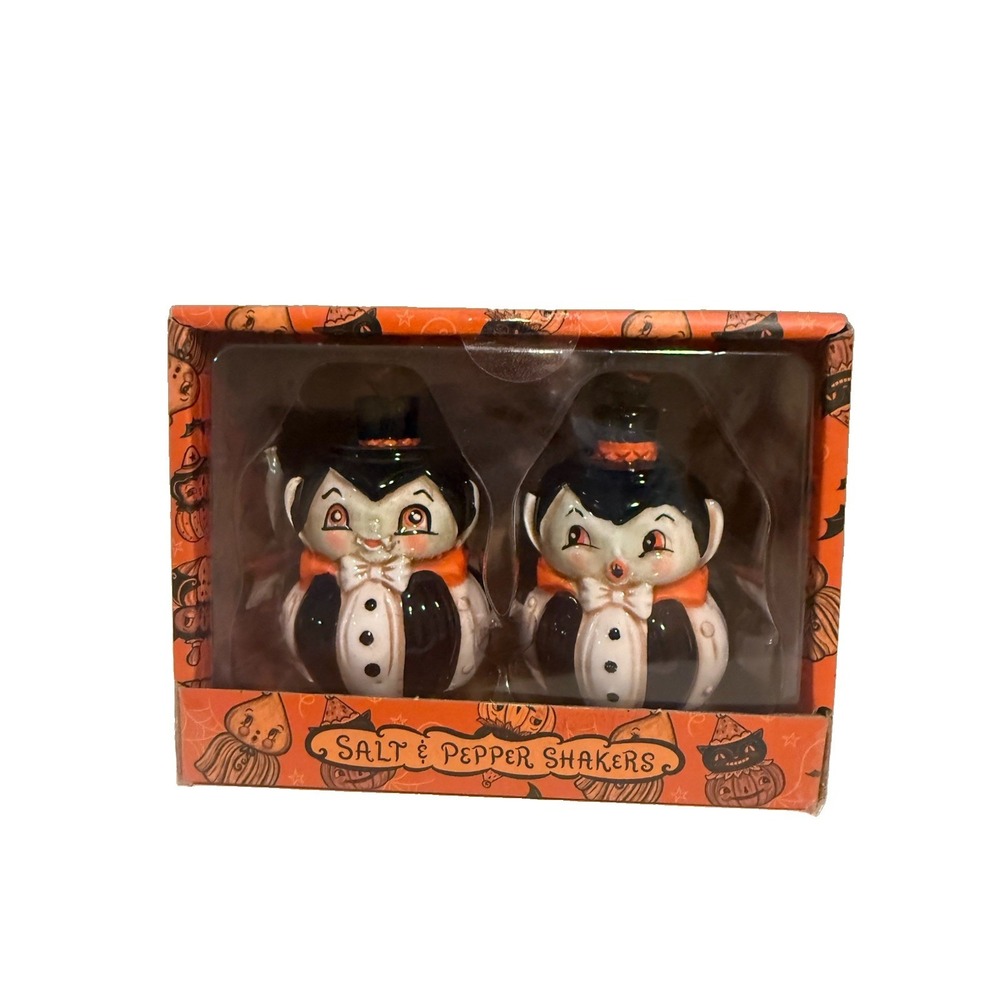 Johanna Parker Vampire Salt & Pepper Shakers Ceramic Black Orange NEW NIB